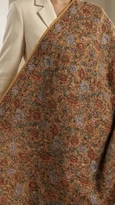 Mustard Yellow Sozni Wool Shawl - Jamawar Rose Embroidered Wrap for Evening Wear
