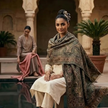 Light Green Kalamkari Wool Shawl - Paisley Design for Weddings & Gifting