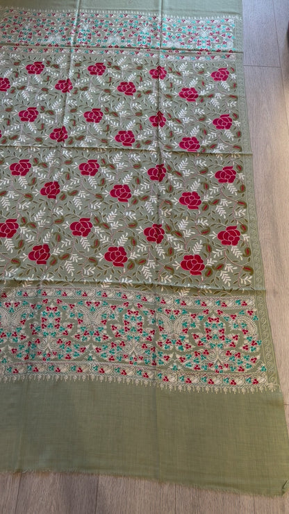 Sage Green Nalki Rose Shawl - Embroidered Wool Blend Wrap for Everyday Wear