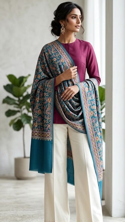 Blue Nalki Wool Blend Stole - Embroidered Wrap for Everyday Wear