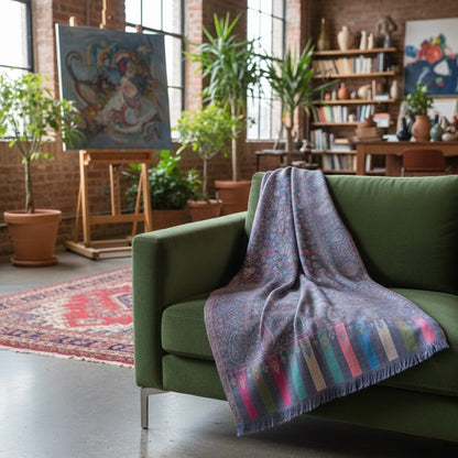 Green sofa with a colorful blanket draped over it in a room with plants and artwork.