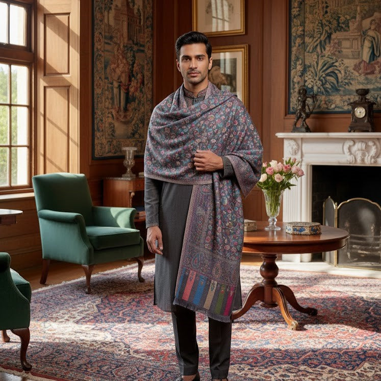 Man wearing a patterned shawl in an elegant room with furniture and decor.