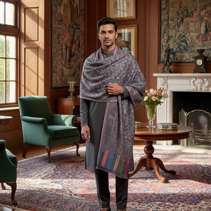Man wearing a patterned shawl in an elegant room with furniture and decor.
