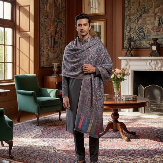 Man wearing a patterned shawl in an elegant room with furniture and decor.