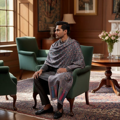 Man sitting in a chair wearing a patterned shawl in a room with green chairs and a table with flowers.