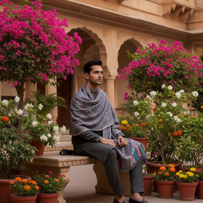 Man sitting in a courtyard with flowers and architectural elements