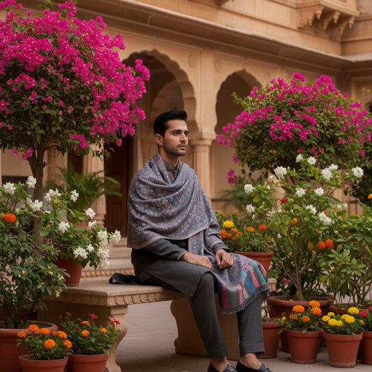 Man sitting in a courtyard with flowers and architectural elements