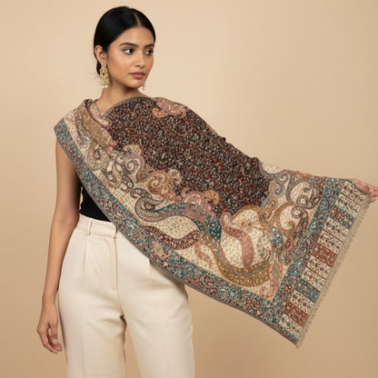 Bottle Green Kalamkari Shawl on a female model