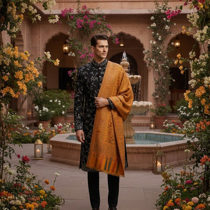 Man in traditional outfit standing in a decorative courtyard with flowers and lanterns.