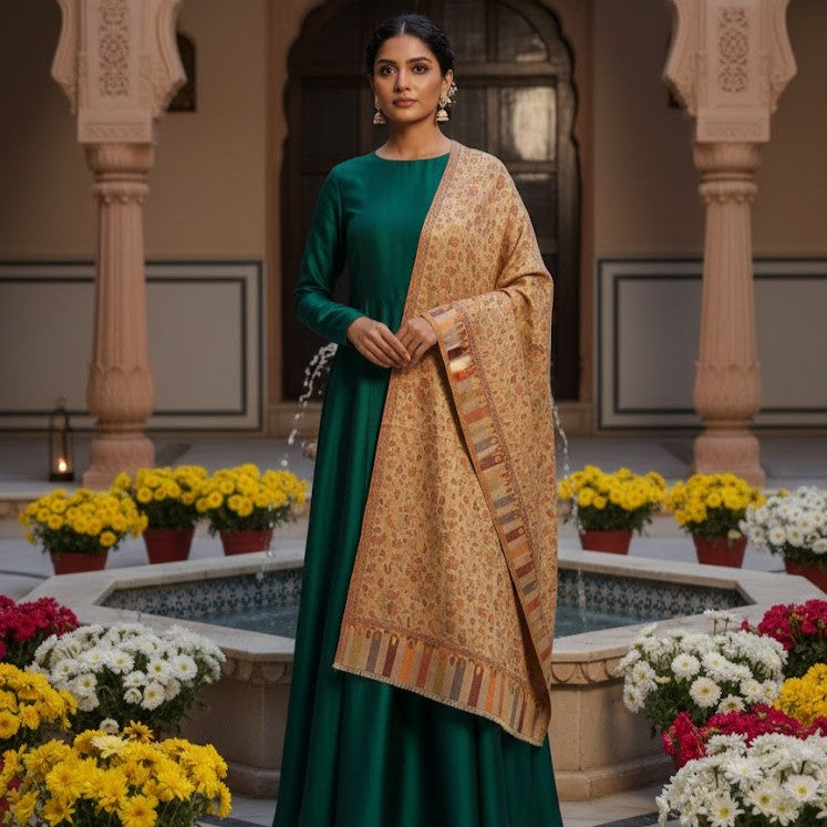 Silk wool jamawar kani shawl draped on a female model