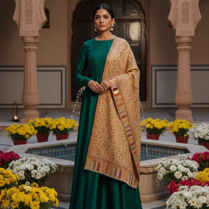 Silk wool jamawar kani shawl draped on a female model