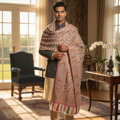Man wearing a patterned shawl in a room with large windows and furniture.