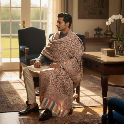 Man sitting in a room with a patterned shawl draped over his shoulders