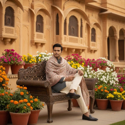 Man sitting on a ornate bench in a courtyard with floral decorations