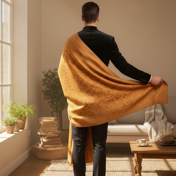 Man holding a large brown blanket in a cozy living room.