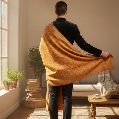 Man holding a large brown blanket in a cozy living room.