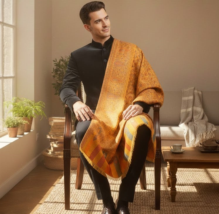 Man sitting in a chair wearing an orange patterned shawl in a cozy room.
