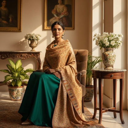 Silk wool jamawar kani shawl draped on a female model