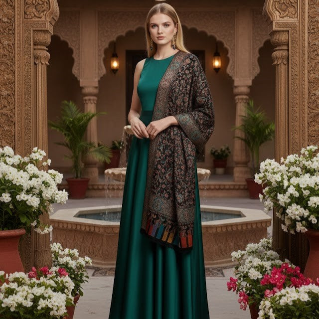 Silk Wool Jamawar Kani Shawl in Black