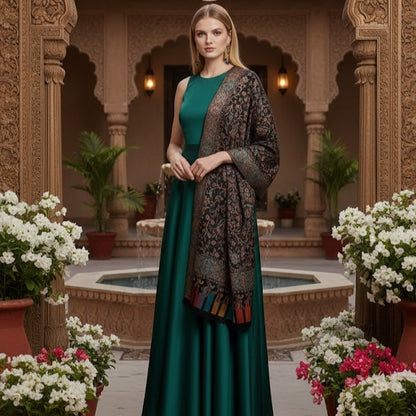 Silk Wool Jamawar Kani Shawl in Black
