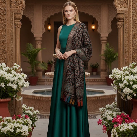 Silk Wool Jamawar Kani Shawl in Black