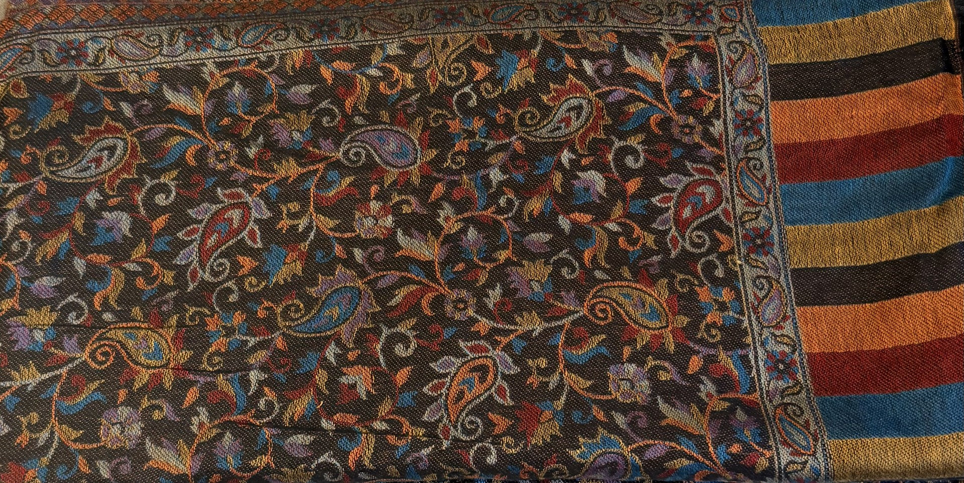 Close-up of a silk wool patterned jamawar kani shawl with intricate designs