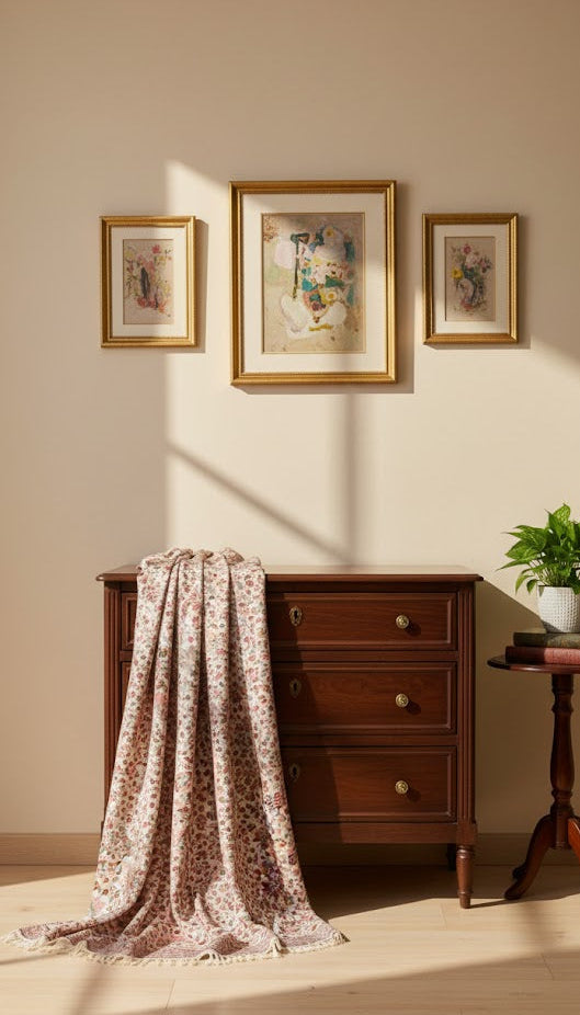 Wooden dresser with floral pure wool shawl in kani design, framed pictures on the wall, and a small plant.