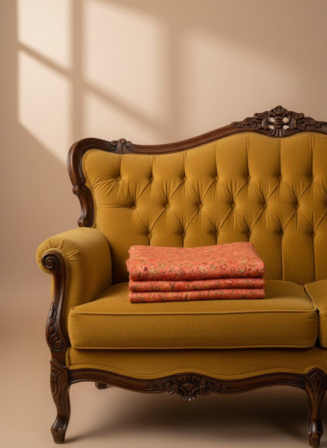 Yellow velvet sofa with wooden frame and decorative elements, featuring a folded pink pure wool shawl on a beige background.
