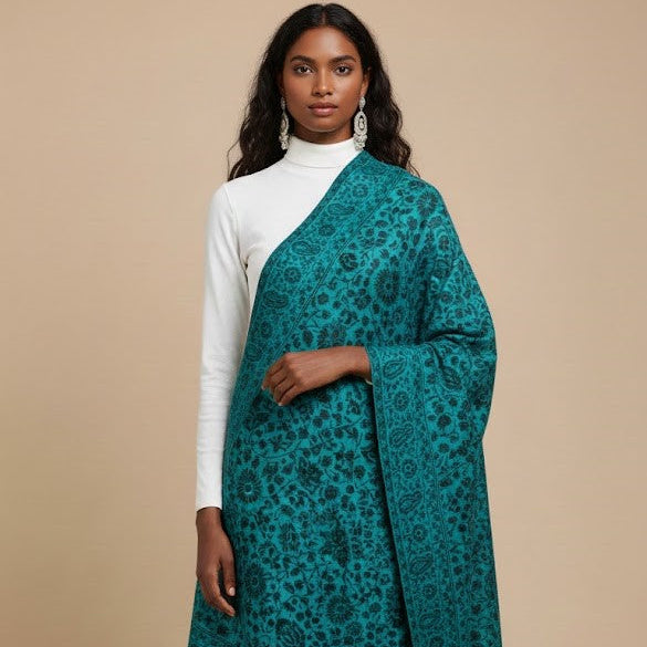 Model wearing a blue patterned faux Pashmina stole on a beige background
