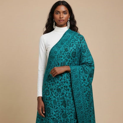 Model wearing a blue patterned faux Pashmina stole on a beige background