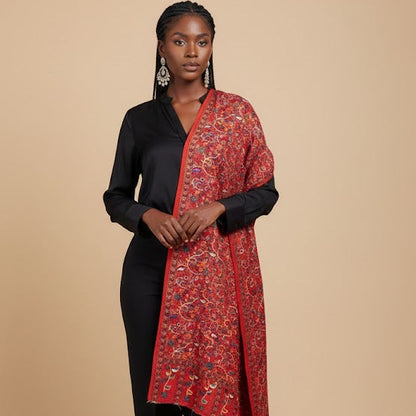 Woman wearing a red paisley patterned kalamkari-inspired stole in faux pashmina 