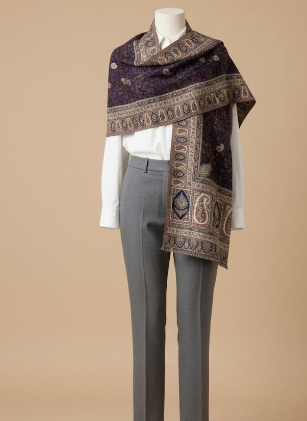 Mannequin wearing a patterned kalamkari hand embroidered shawl and gray pants on a beige background
