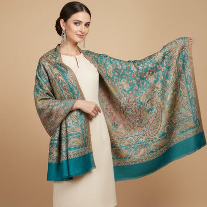 Woman wearing a patterned deep teal blue patterned jamawar kani pure wool shawl over a beige dress on a beige background