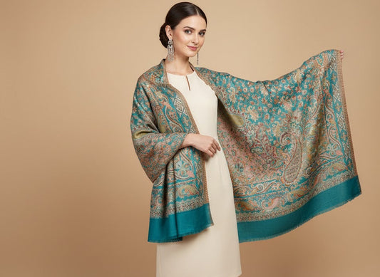 Woman wearing a patterned deep teal blue patterned jamawar kani pure wool shawl over a beige dress on a beige background