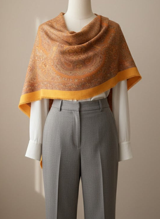 Mannequin wearing a saffron gold yellow pure wool hand embroidered kani jamawar shawl with intricate patterns  over a white shirt and gray pants on a beige background