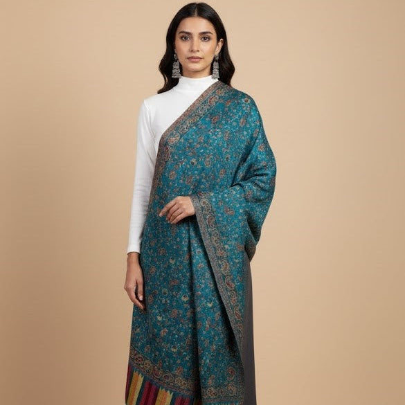 Woman wearing an azure blue faux Pashmina patterned stole over a white top on a beige background
