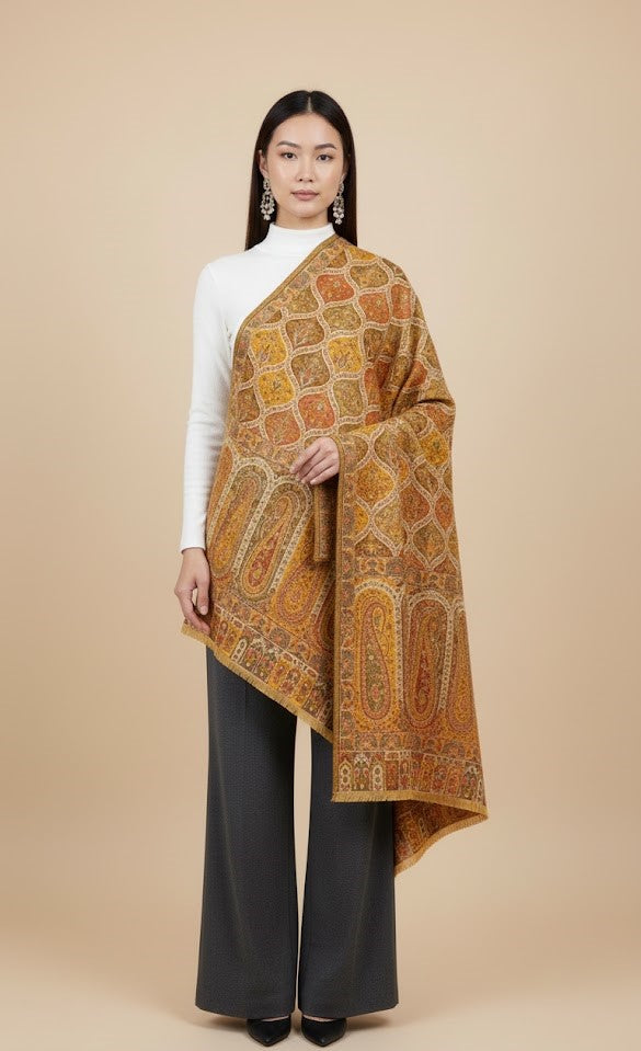 Woman wearing a patterned Yellow patterned kalamakari kani double beam stole in pure wool on a beige background