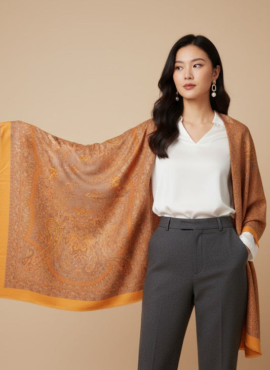 Woman holding an saffron gold yellow pure wool hand embroidered kani jamawar shawl with intricate patterns against a beige background