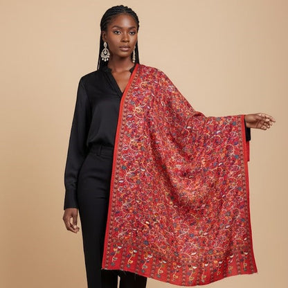 Woman wearing a black outfit with a red patterned paisley kalamkari-inspired stole in faux pashmina on a beige background