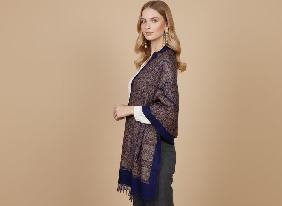 WOMENS SOFT SILK WOOL SHAWL WITH KANI INSPIRED PAISLEY MOTIFS - MIDNIGHT BLUE