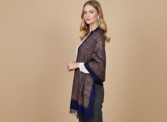 WOMENS SOFT SILK WOOL SHAWL WITH KANI INSPIRED PAISLEY MOTIFS - MIDNIGHT BLUE