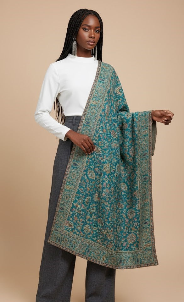 Woman holding a teal patterned scarf against a beige background