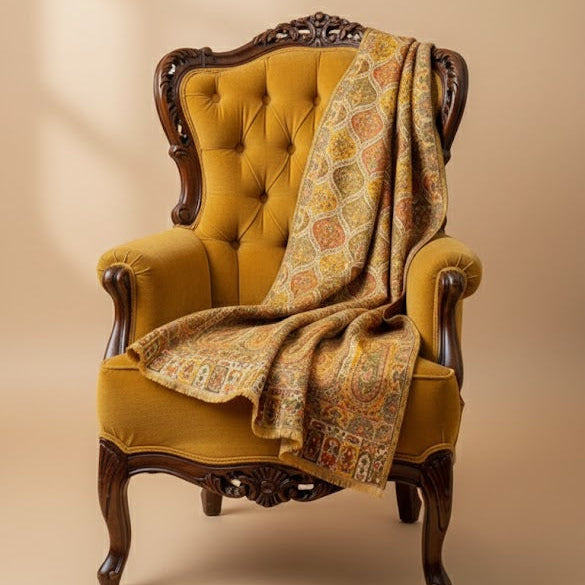 Yellow armchair with a patterned stole  draped over it on a beige background