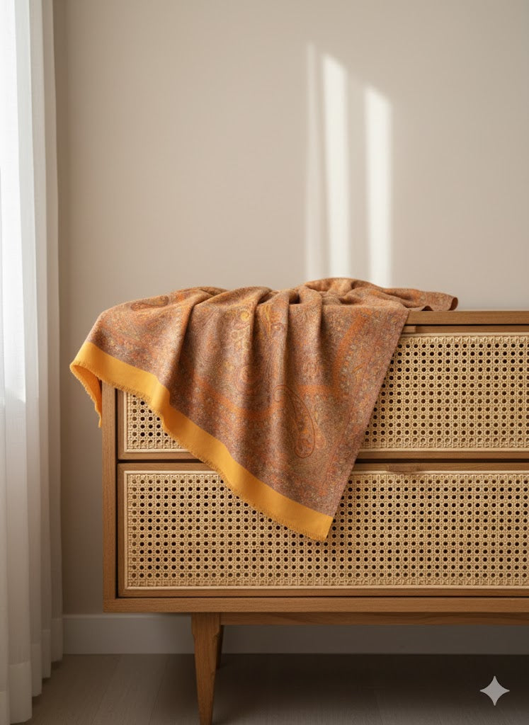 Woven wooden cabinet with a saffron gold yellow pure wool hand embroidered kani jamawar shawl with intricate patterns draped over it, sunlit room.
