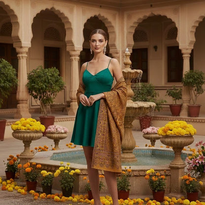 Pure wool kani shawl with sunflower design draped on a female model